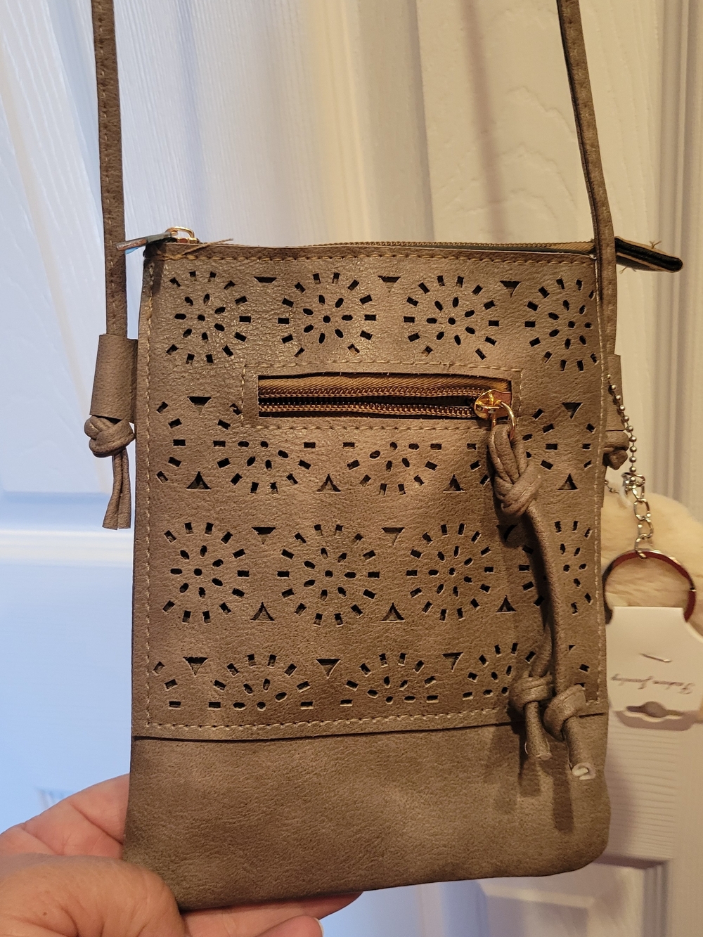 Women's Taupe Crossbody Bag with Laser-Cut Design